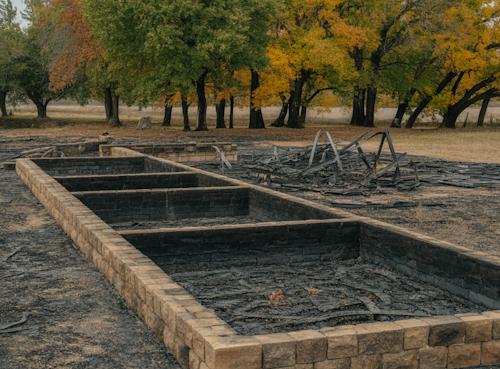 Stone foundation of a burned-down house surrounded by charred debris and autumn trees, all that remains after a devastating fire